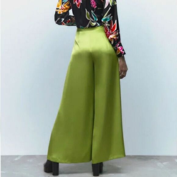 Green Zara Satin-Effect High-Waisted Pleated-Front Palazzo Wide Leg Pants (NWT) - Picture 6 of 10